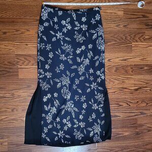 Dark Blue 100% Silk Floral and Star Double Side Slit Maxi Skirt